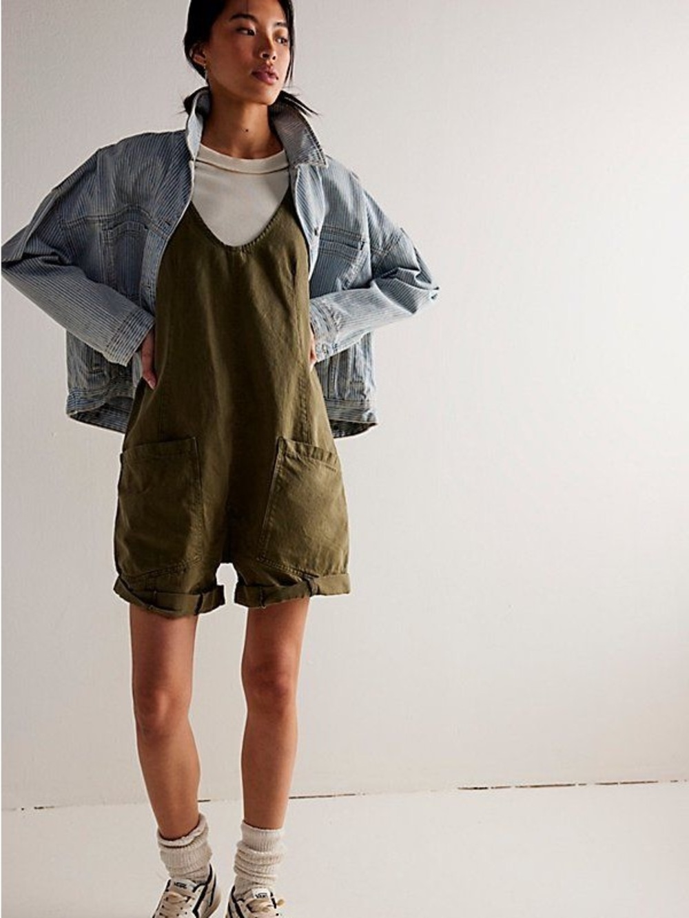 Free People High Roller Cotton Shortall Romper Mosstone Olive Green Size Small - Picture 7 of 8